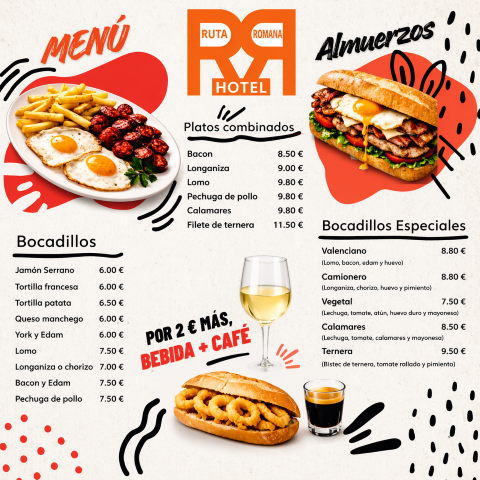 Carta de Almuerzos Sagunto - Bocadillos y Platos Combinados - Hotel Ruta Romana
