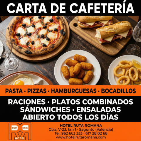 Carta Cafetería Sagunto - Bocadillos, Pizzas, Hamburguesas - Hotel Ruta Romana