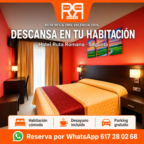 Alojamiento con desayuno en el Hotel Ruta Romana para la Ruta 90's & 2MIL Valencia 2026