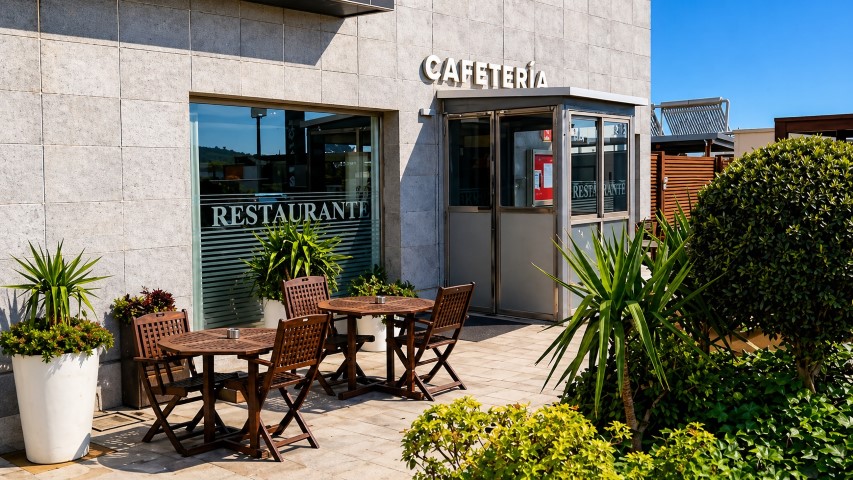 Entrada cafetería con arbusto